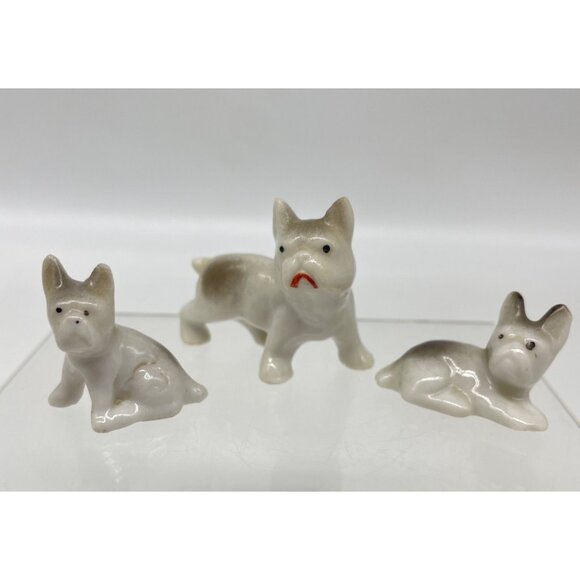 Vintage Porcelain Miniature French Bulldog Dog Figurine Set Of 3 Made In Japan - Picture 1 of 13